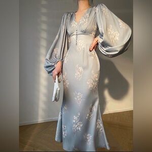 Vintage Fashion Women Summer Satin Mermaid Floral  Dress Longsleeve V-neck XS